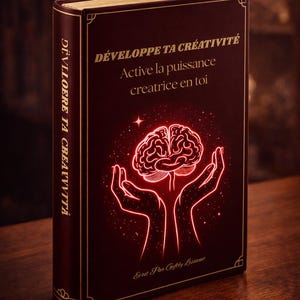 Puede incluir: Un libro de tapa dura con una cubierta burdeos y letras doradas. Se muestra el título "DÉVELOPPE TA CRÉATIVITÉ", junto con el texto "Active la puissance creatrice en toi". Se presenta un gráfico de cerebro brillante. La columna vertebral dice "DEVLLOERE TA CREAVVVITÁ".