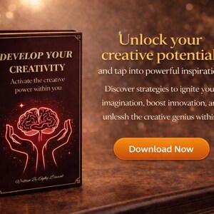Peut inclure: Un livre intitulé "DEVELOP YOUR CREATIVITY" avec un graphique de cerveau et le texte "Activate the creative power within you." Le livre est marron foncé avec des accents dorés. Le texte "SEVILOS VOIA CREATIVITY" est sur le dos. Un bouton orange "Download Now" est visible.