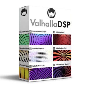 Può includere: Una scatola bianca con il testo "Valhalla DSP" e vari nomi di prodotti. La scatola mostra grafiche colorate che rappresentano diversi effetti audio, tra cui "Valhalla Delay", "Valhalla VintageVerb" e "Valhalla Room".