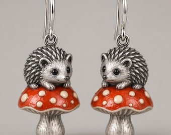 May include: A pair of silver-toned drop earrings featuring a detailed hedgehog figure perched atop a red mushroom with white spots. The earrings include a curved silver hook for attachment, showcasing a metallic finish and enamel detailing.