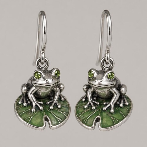 Frosch Lily Pad Tropfen Ohrringe Silber Grün Emaille Tier Ohrringe
