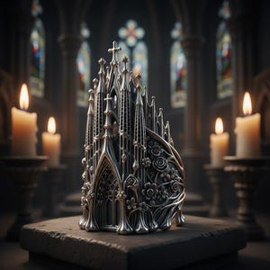 May include: A detailed silver-colored cathedral sculpture with intricate architectural details, including crosses and floral patterns. The sculpture is displayed on a stone surface, with lit candles and stained-glass windows in the background, creating a gothic ambiance.