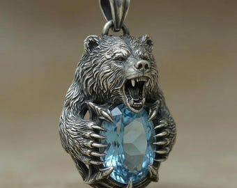 Bär Anhänger Halskette Silber Blau Gem Tier Charme Statement Schmuck