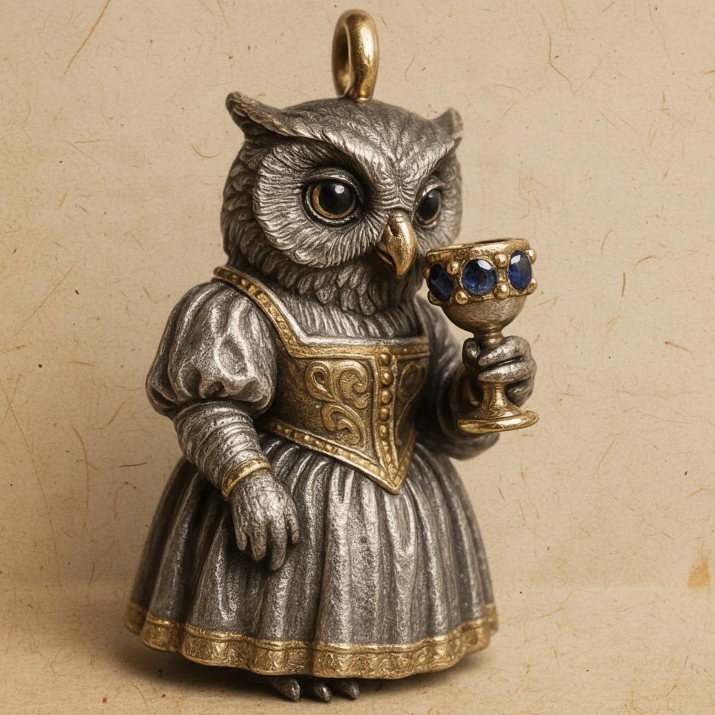 Owl Pendant Necklace Victorian Animal Charm Silver Gold Plated Blue Stone Goblet