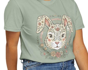 T-shirt met bloemenillustratie konijn | Handgetekend konijnengezicht, boho bloemen