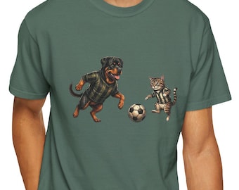 T-shirt van het Voetbal van de Kat van de Hond | Vintage T-shirt met petsportprint