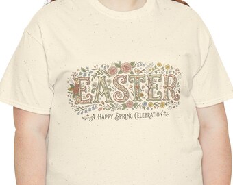 T-shirt met bloemenletters voor Pasen | Lentebloemen, pastelkleurig eiermotief