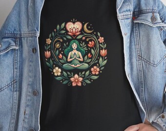 T-shirt met bloemenkrans mediterende Boeddha | Zen yoga spiritueel T-shirt