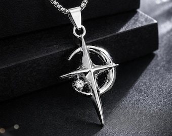 Collar unisex con colgante de cruz, estrella y luna creciente de acero inoxidable