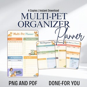 May include: A multi-pet organizer with a calendar, food and supplies section, vet appointments, and to-do lists. The planner includes sections for pet profiles, notes, and a weekly task list. The design features illustrations of pets and pet-related items.