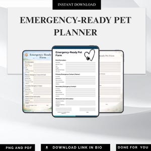 Może przedstawiać: Cyfrowy planer dla zwierząt z tekstem "Emergency-Ready Pet Planner". Planer zawiera formularze z informacjami o zwierzętach, kontaktami alarmowymi i danymi medycznymi. Obraz przedstawia planer na trzech urządzeniach cyfrowych.