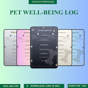May include: A digital pet well-being log displayed on several tablets. The logs are in various colors, including gray, pink, black, beige, and blue. Each log features sections for pet information and daily wellness tracking. The text "PET WELL-BEING LOG" is at the top.