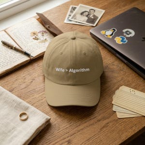 May include: A beige baseball cap with the text "Wife > Algorithm" in white. The cap is on a wooden surface, alongside a laptop with stickers, a book, and a wedding photograph.