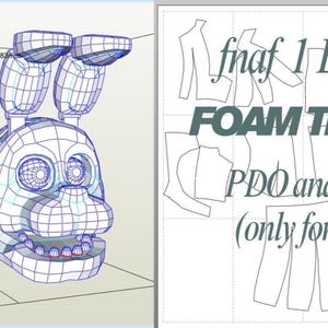 Può includere: Un modello 3D a filo della testa di Bonnie dal videogioco Five Nights at Freddy's. L'immagine include anche un modello con il testo "fnaf 1 BONNIE FOAM TEMPLATE" e "PDO and PDF files (only for the head)".
