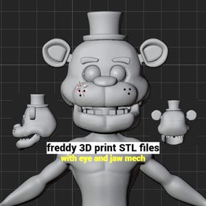 以下が含まれることがあります： トップハットを被ったクマのキャラクターの頭部のグレーの3Dデジタルモデルで、目と顎のメカニズムが見えます。胴体部分には「freddy 3D print STL files with eye and jaw mech」というテキストが表示されています。正面、側面、背面のビューが含まれています。