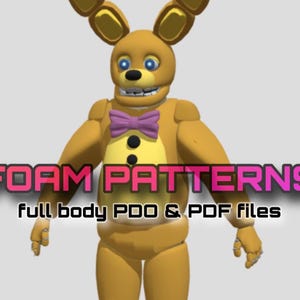 May include: A 3D rendered image of a yellow rabbit character with a purple bow tie and black buttons. The text "FOAM PATTERNS" is displayed in pink and red, with the text "full body PDO & PDF files" below it.