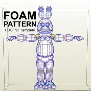 Puede incluir: Un modelo de alambre de un conejo de dibujos animados con el texto "FOAM PATTERN" y "PDO/PDF template". El conejo tiene una pajarita, dos orejas grandes y los brazos extendidos. El modelo es azul y blanco.