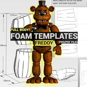 May include: A brown bear character holding a microphone, centered over technical line drawings for foam templates. Text overlays include FULL BODY, FOAM TEMPLATES, FREDDY, and PDO/PDF FILES. Dimension lines show 275mm, 706mm, and 290mm.