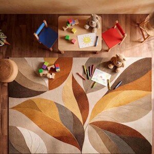 Modern Leaf Pattern Area Rug, Neutral Boho Nursery Carpet, Soft Playroom Beige Mustard Brown