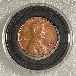 Op de afbeelding: Een koperen Lincoln penny uit 1973, in een beschermhoes. De voorzijde toont het profiel van Abraham Lincoln, met de inscripties "IN GOD WE TRUST" en "LIBERTY". De munt zit in een doorzichtige plastic hoes met een zwart schuimrubberen inzetstuk.