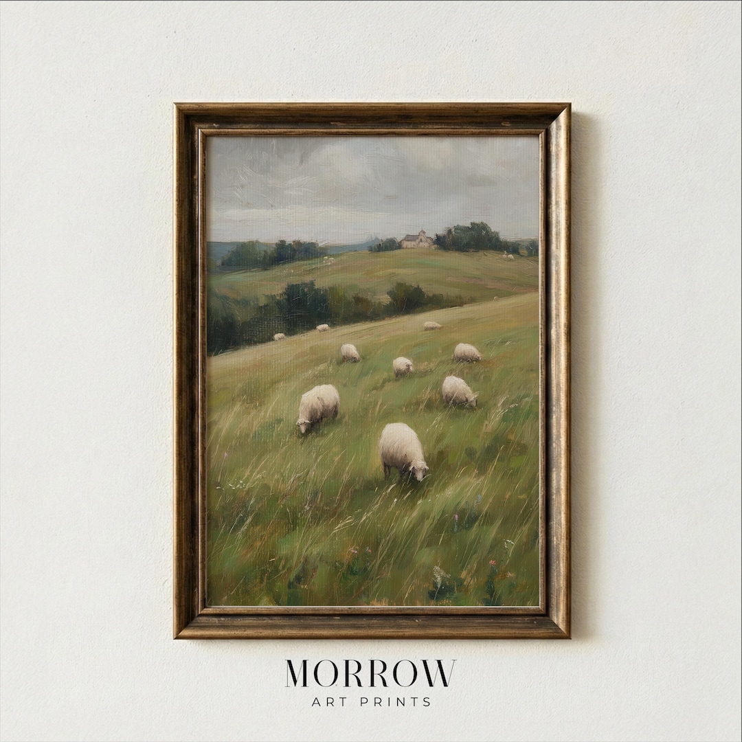 Sheep Meadow Landscape Art Print | Vintage Pastoral Farm Field Wall Art ...