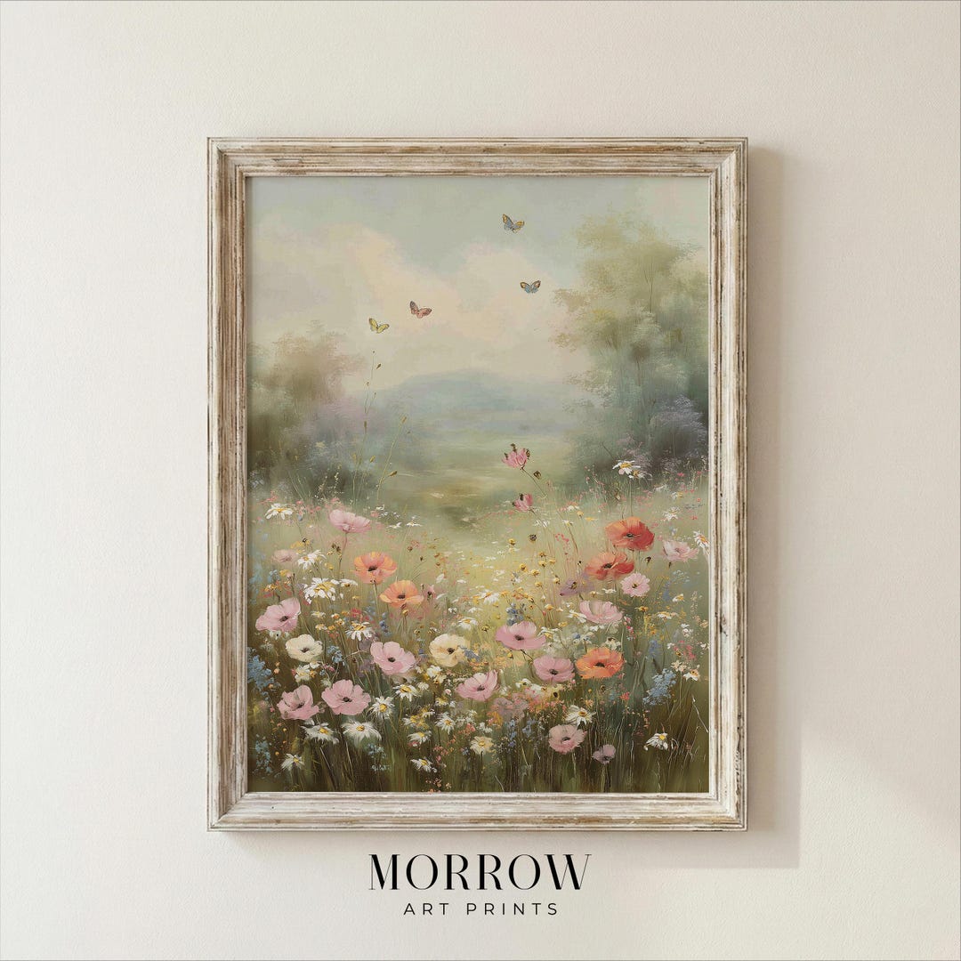 Wildflower Meadow Landscape Art Print | Soft Vintage Floral Field Wall ...