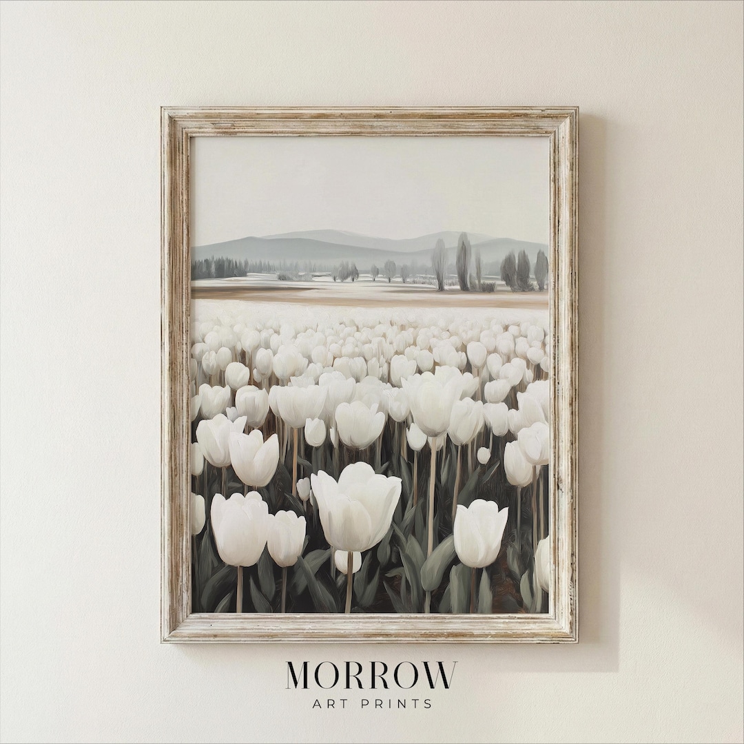 White Tulip Field Art Print | Minimalist Neutral Landscape Floral Wall ...