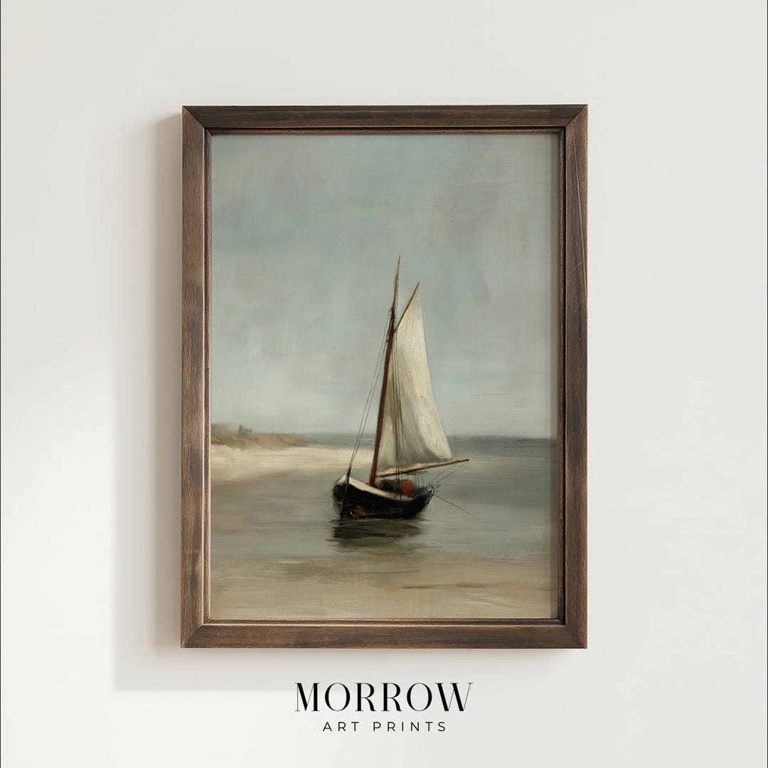 Vintage Sailboat Coastal Art Print | Minimal Seascape Ocean Painting ...
