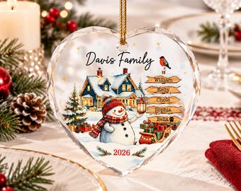 Personalized Family Christmas Ornament, Heart Shaped Snowman Ornament, Custom Name Holiday Keepsake, 2026 Christmas Tree Gift