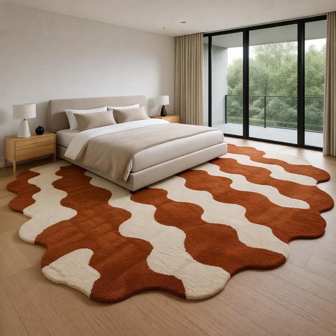 Hand-tufted Asymmetrical Rug: Vintage Brown & Off-white, Mid-century ...