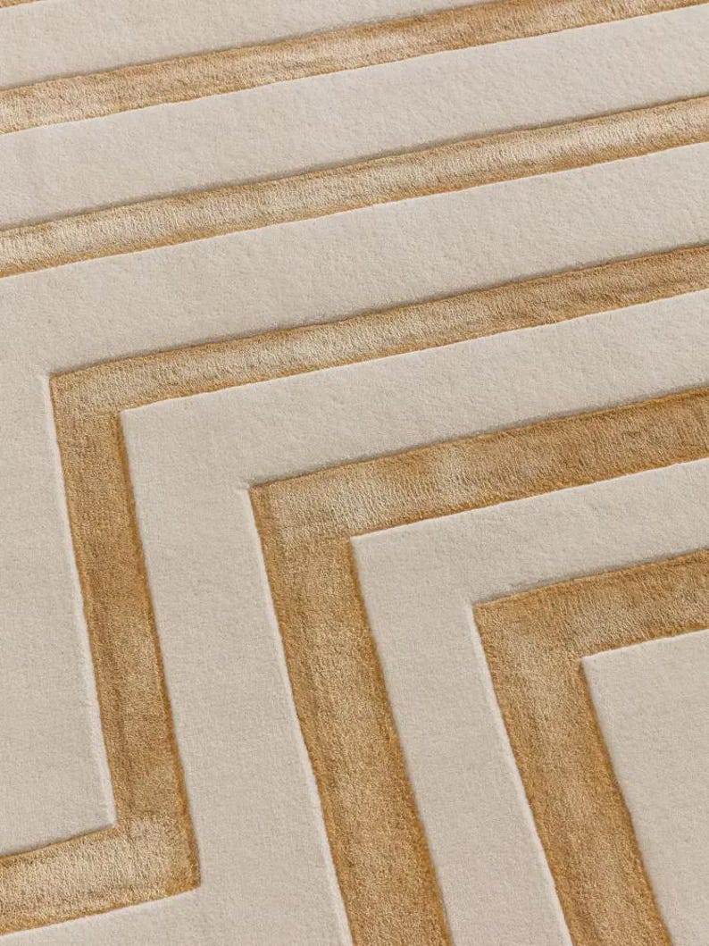 Handmade Cream Wool & Gold Viscose Area Rug, Modern Geometric Hand Tufted Rug, Luxury Living Room Bedroom Carpet, Custom Rug image 5