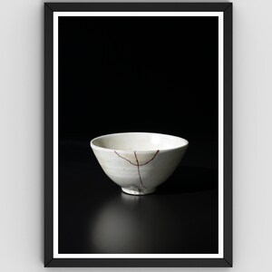 Japanese Kintsugi Bowl Wall Art, Wabi Sabi Zen Decor, Minimalist Still Life Photography, Dark Moody Japandi Wall Art