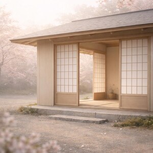 以下が含まれることがあります： 引き戸と瓦屋根のある、穏やかな日本の木造建築。 内部には鉢植えの小さな植物が見えます。 柔らかい自然光が差し込み、前景には砂利道があります。