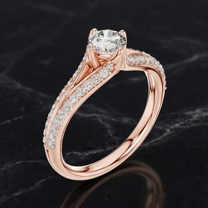 Lab Grown Diamond Solitaire Engagement Ring, Twisted Split Shank, Pave Band, IGI Certified