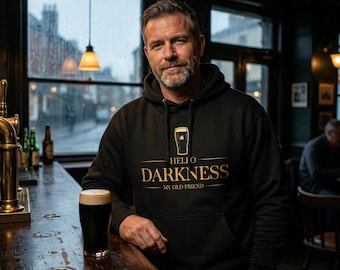 Hello Darkness Irish Stout Hoodie – Gold Pint Glass Shamrock Design