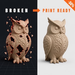 Puede incluir: Una pantalla dividida que compara una figura de búho beige. El lado izquierdo etiquetado BROKEN muestra el búho con piezas fragmentadas y bordes interiores rojos. El lado derecho etiquetado PRINT READY muestra la figura intacta.