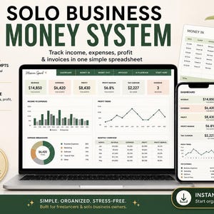 Könnte beinhalten: Eine digitale Tabellenkalkulationsvorlage mit dem Titel Solo Business Money System, die auf einem Laptop- und Smartphone-Bildschirm angezeigt wird, mit Finanz-Dashboards, Tabellen zur Einnahmen- und Ausgabenverfolgung, Gewinnkurven und Diagrammen.