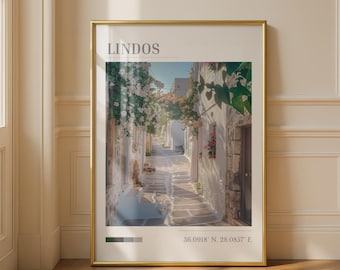 Lindos Wall Art Print of Greek Village Street with Flowers and Stone Pathway