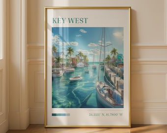 Key West Nautical Wall Art Print Coastal Tropical Boat Scene
