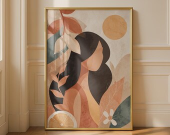 Abstract Figurative Wall Art Print Female Silhouette Floral Orange and Green