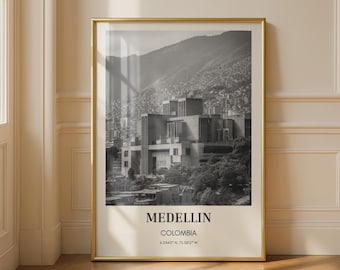 Medellin Colombia Wall Art Black and White Print Cityscape Art Poster