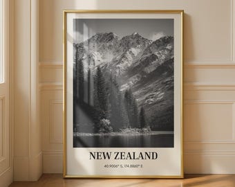 Black and White New Zealand Mountain Print with Coordinates Wall Art Poster