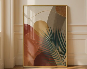 Abstract Geometric Wall Art in Earth Tones with Palm Leaves Art Print