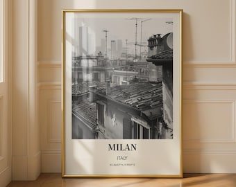 Milan Italy Black and White Print Wall Art Roofs Cityscape Poster