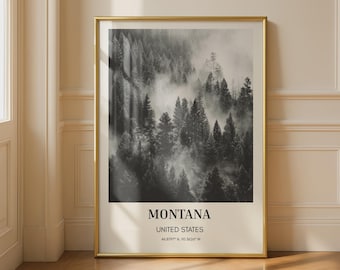 Montana Forest Wall Art Print Black and White Landscape Poster