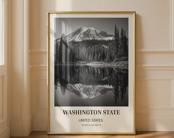 Washington State Black and White Print Mountain Reflection Wall Art Landscape Art Decor