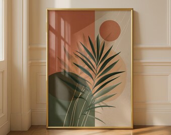 Minimalist Abstract Palm Leaf Wall Art Print in Earth Tones Green and Brown