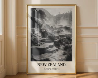 New Zealand Black and White Landscape Print Wall Art with Geographical Coordinates
