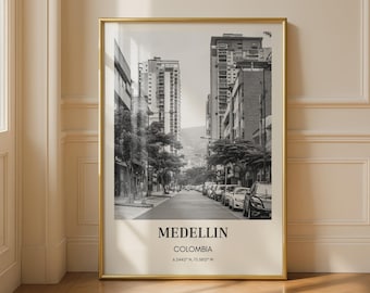 Medellin Colombia Black and White Cityscape Poster Wall Art Print Travel Decor