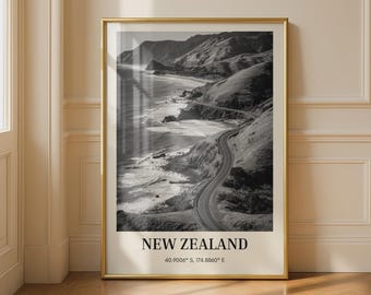 New Zealand Landscape Print Black and White Road Art Poster Coastal Scenery